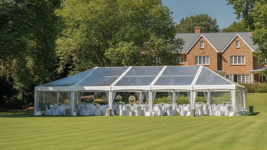 White frame marquee with round tables on a spacious estate lawn beside a face-brick home in Centurion