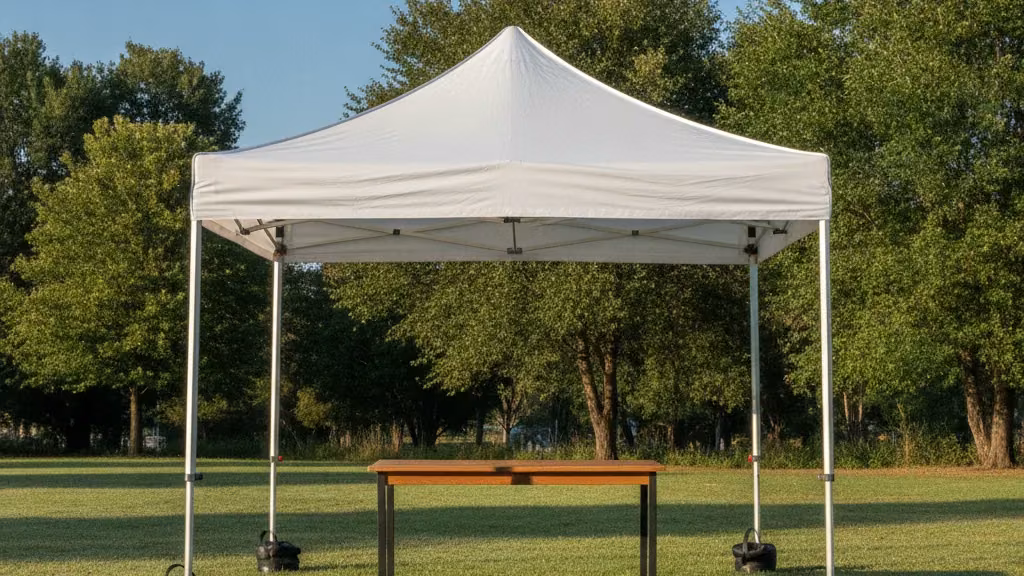 Plain white 3 by 3 metre pop-up gazebo with weighted legs on grass at an outdoor market