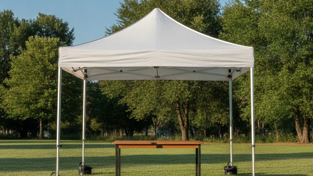 Plain white 3 by 3 metre pop-up gazebo with weighted legs on grass at an outdoor market