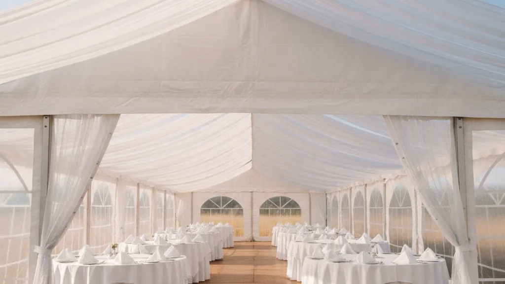 White clear-span marquee with round tables under white linen and a draped ceiling seen from the entrance