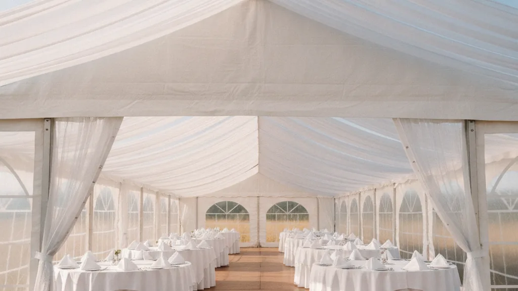 White clear-span marquee with round tables under white linen and a draped ceiling seen from the entrance