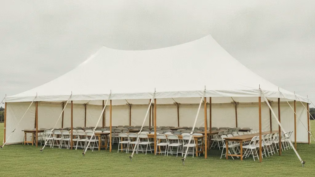 White peg-and-pole function tent with white plastic chairs and trestle tables set out on a lawn