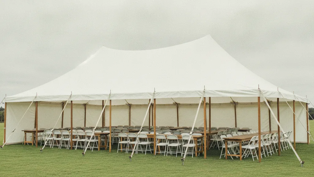 White peg-and-pole function tent with white plastic chairs and trestle tables set out on a lawn
