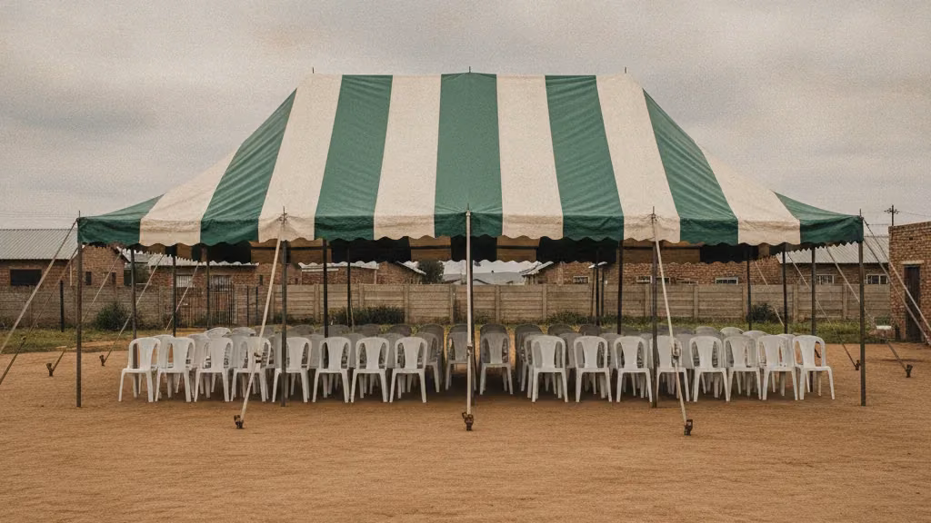 Green and white striped funeral tent with rows of white plastic chairs in a Pretoria township yard