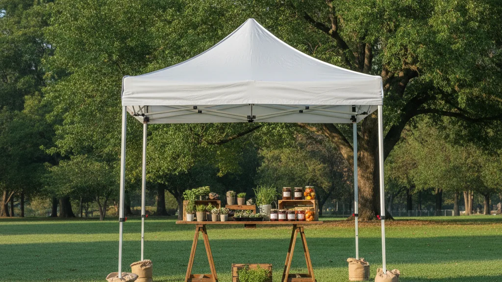 Plain white pop-up gazebo with weighted legs at a Pretoria weekend market