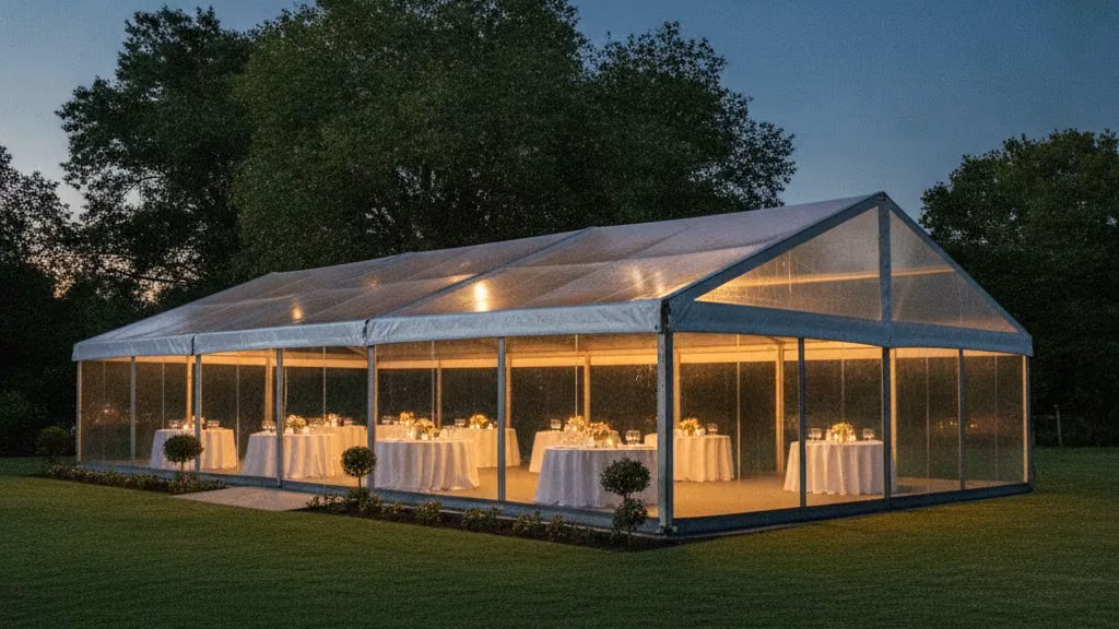 Glass-walled marquee with clear glazed panels and a white gable roof on an estate lawn in Pretoria at dusk