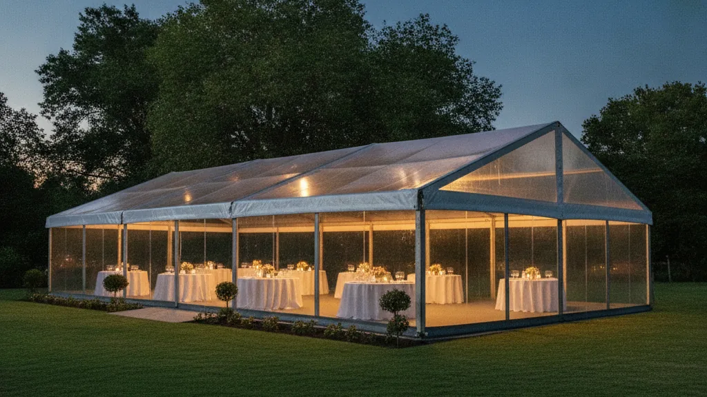 Glass-walled marquee with clear glazed panels and a white gable roof on an estate lawn in Pretoria at dusk