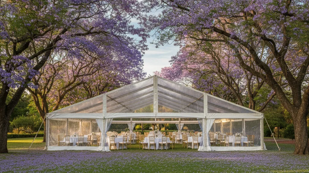 White marquee set with tables and gold chairs under blooming purple jacaranda trees on a Pretoria garden lawn