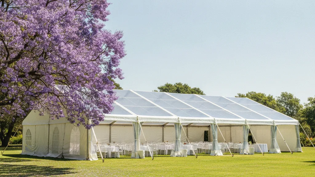 White clear-span frame marquee with round tables beside a jacaranda tree on a Pretoria lawn