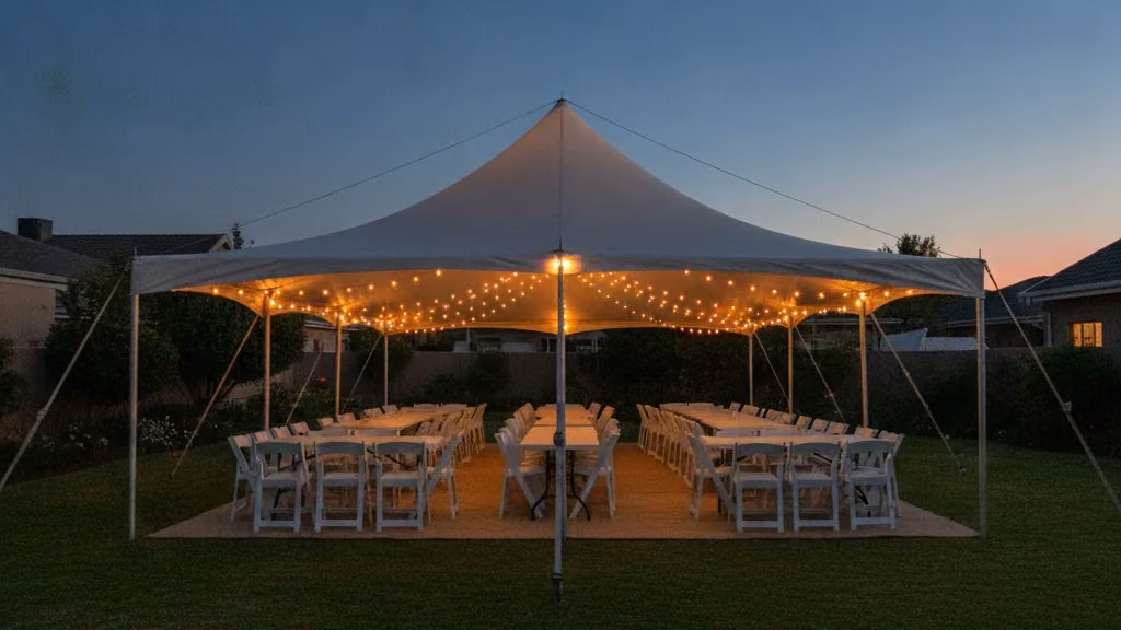 White peg-and-pole party tent on a suburban lawn at dusk with fairy lights and plastic chairs
