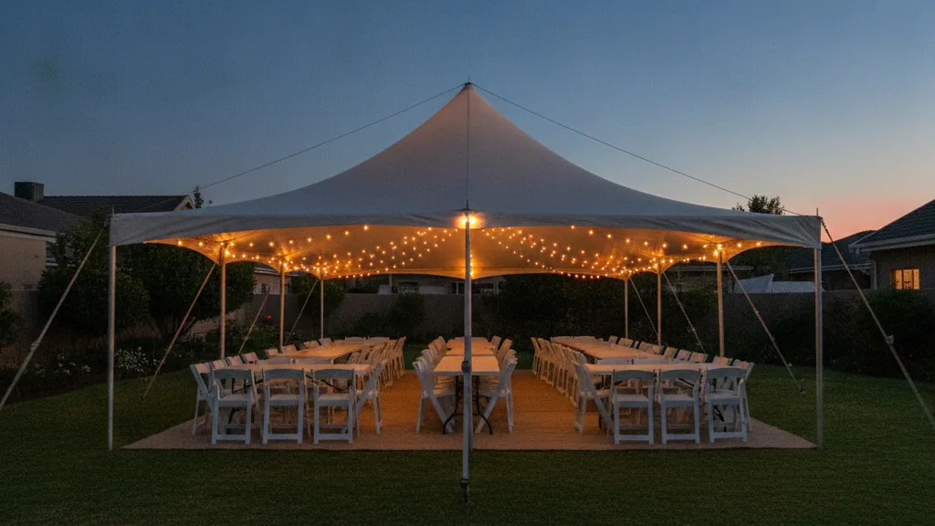 White peg-and-pole party tent on a suburban lawn at dusk with fairy lights and plastic chairs