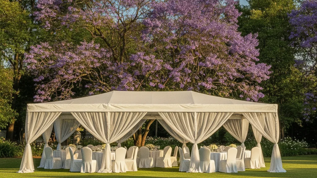 Elegant draped white marquee on a lush lawn under jacaranda trees at an upmarket Pretoria East home