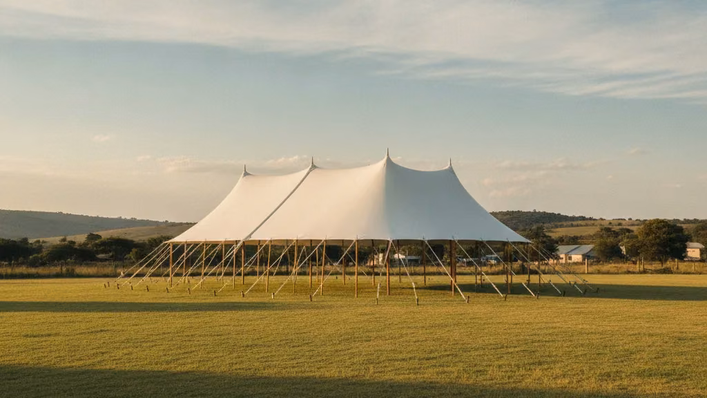 Large white peg-and-pole marquee on an open grassy plot on a semi-rural setting north of Pretoria