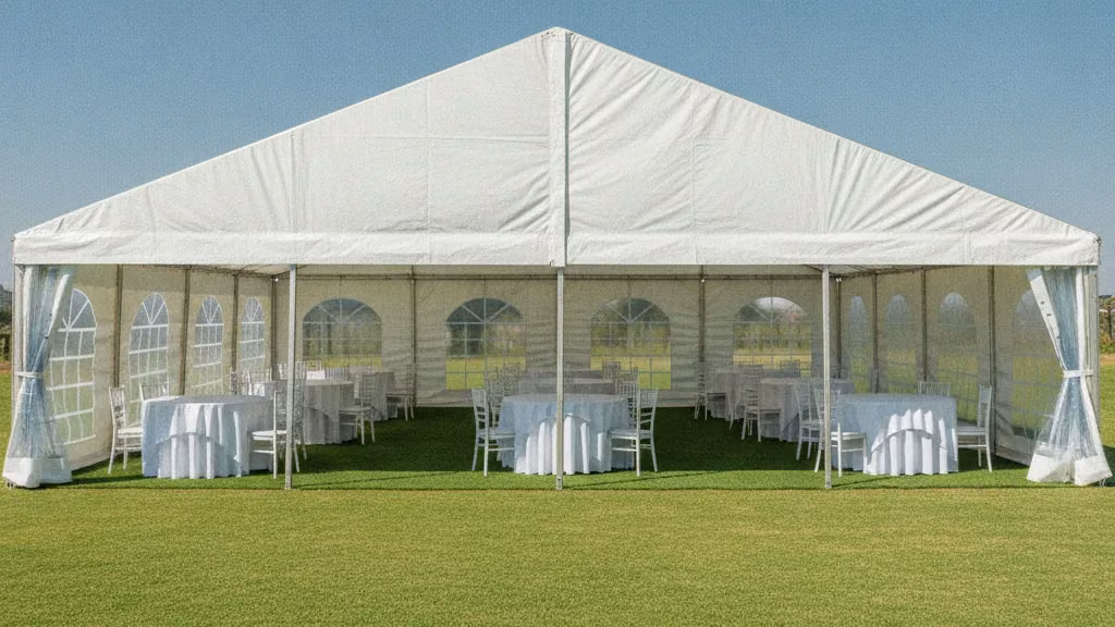 White frame marquee with round tables and white linen set up on a Pretoria garden lawn