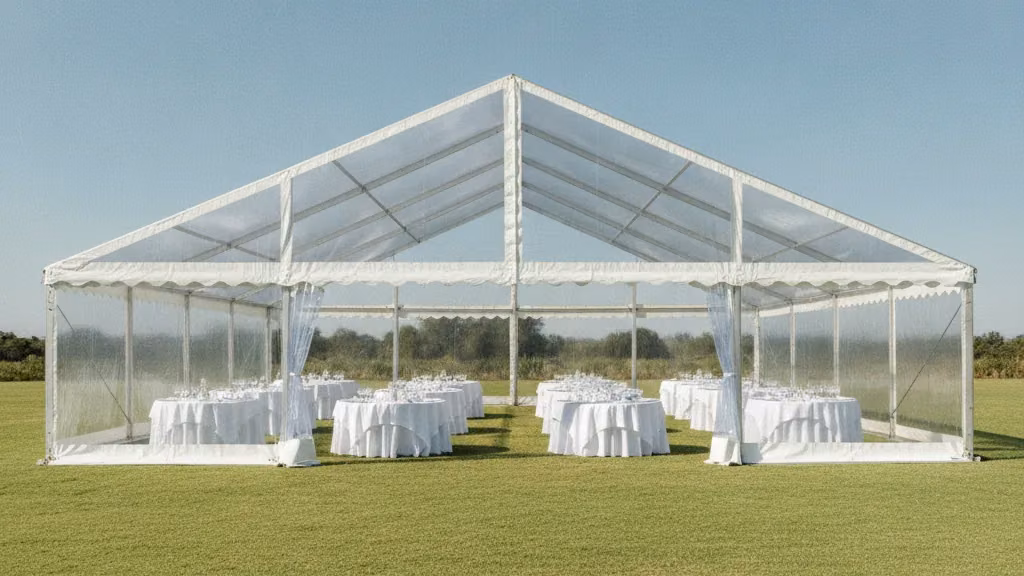 Large white 10 by 15 metre marquee on a lawn with ten round tables dressed in white linen