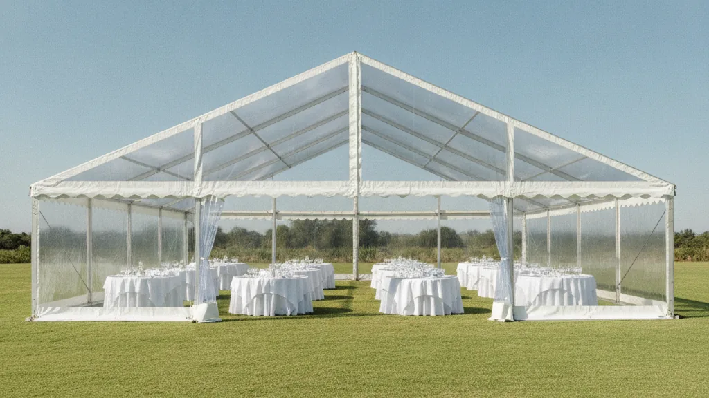 Large white 10 by 15 metre marquee on a lawn with ten round tables dressed in white linen