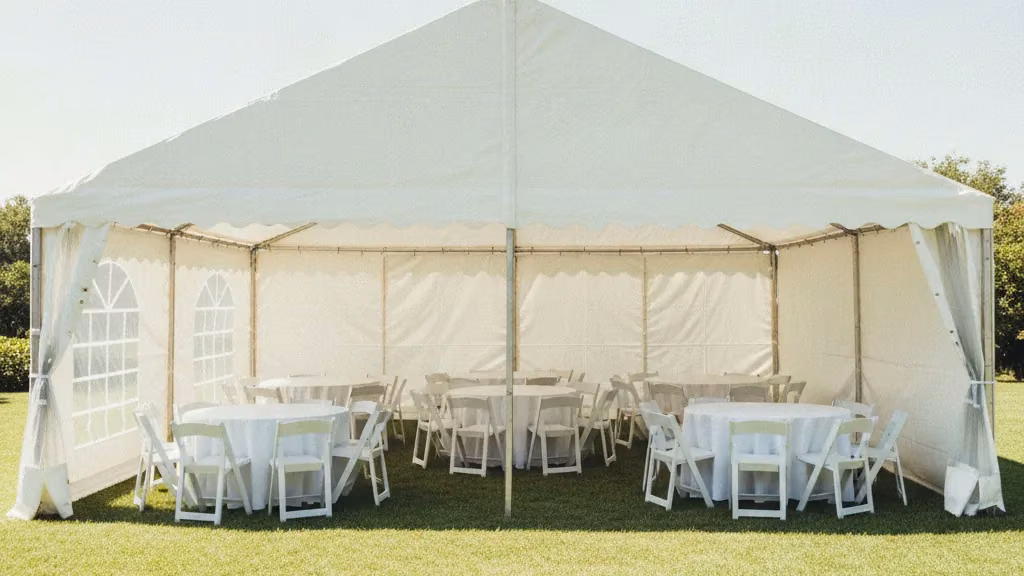 White 5 by 10 metre frame tent on a lawn with five round tables set for a small function