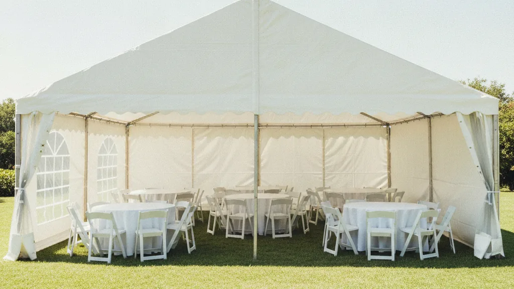 White 5 by 10 metre frame tent on a lawn with five round tables set for a small function