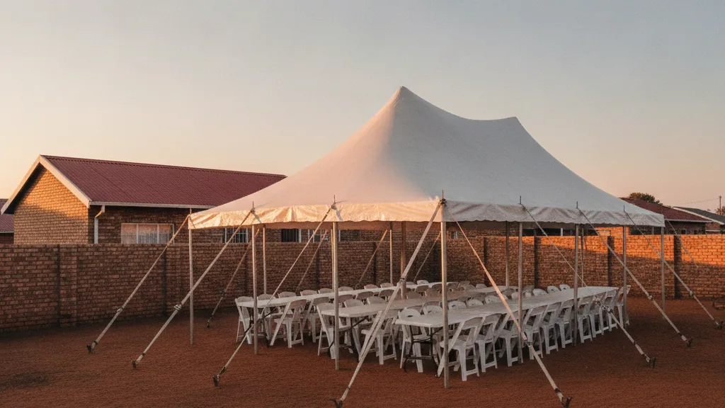 Peg-and-pole function tent with white chairs and tables in a walled Soshanguve township yard at dusk