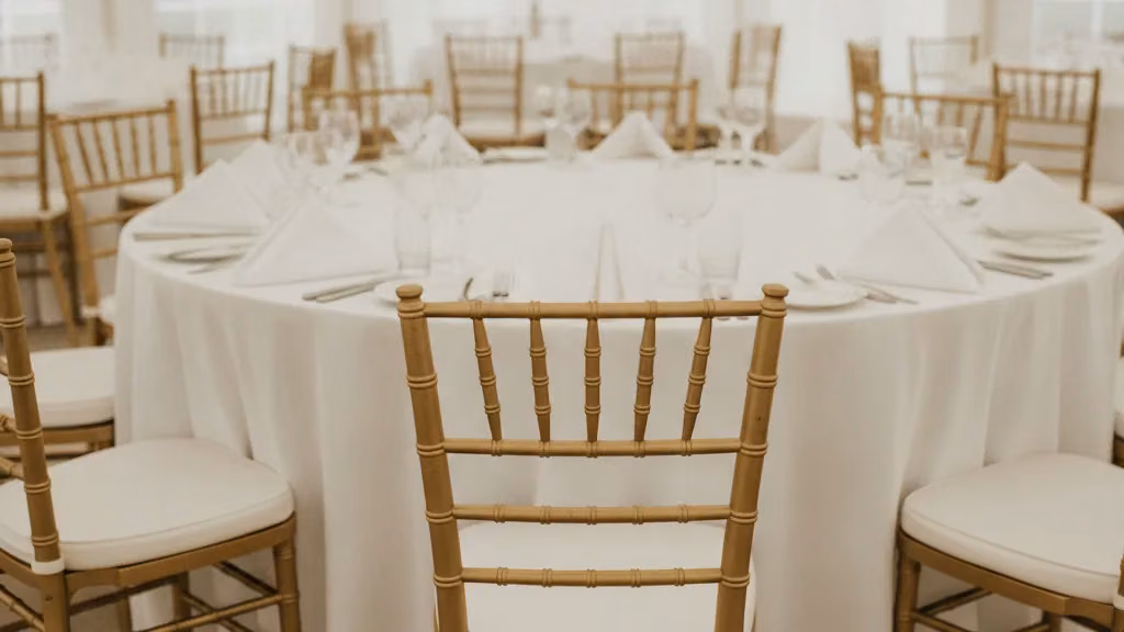 Gold Tiffany chairs at a linen-dressed round table inside a Pretoria function tent