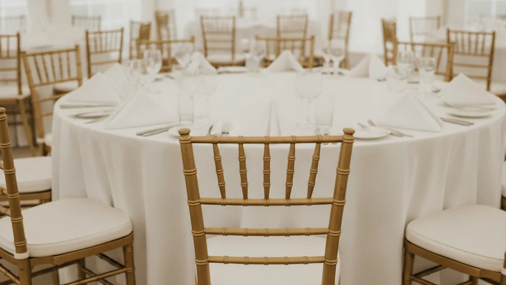 Gold Tiffany chairs at a linen-dressed round table inside a Pretoria function tent