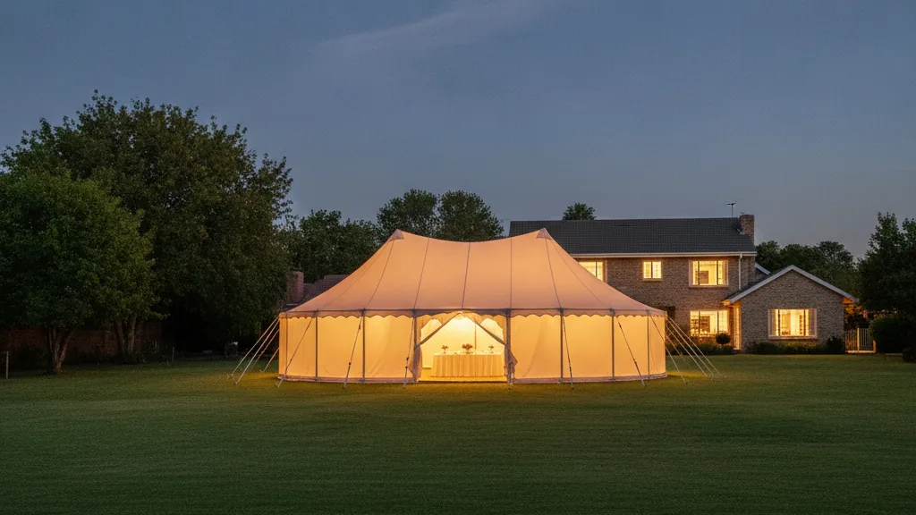 White marquee lit from inside on a private garden lawn at dusk beside a house