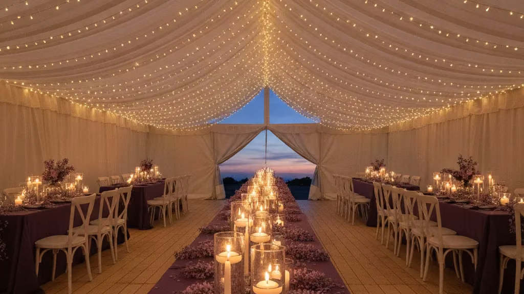 Fairy-lit white wedding marquee interior with candlelit feast tables and jacaranda-blossom runners at dusk